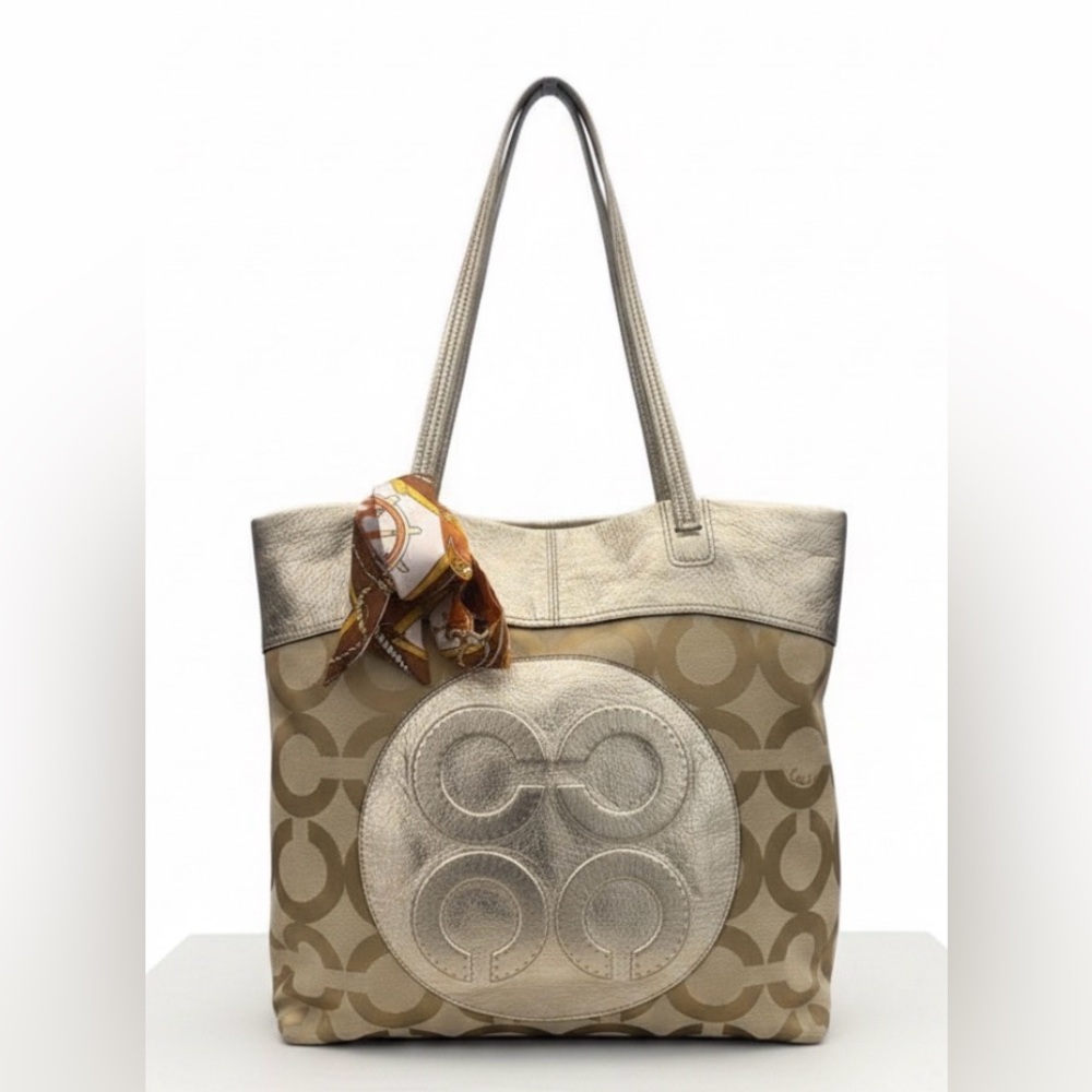 Coach Julia Op Art Signature Khaki Gold Leather Shoulder Bag Tote **READ**